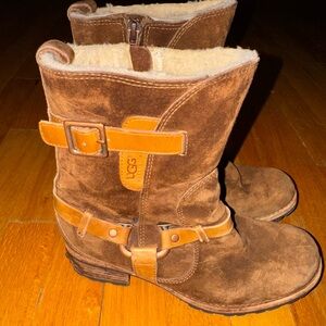 UGG Womens 5.5 Endell Brown Suede Lug Sole Buckle Moto Biker Harness Boot